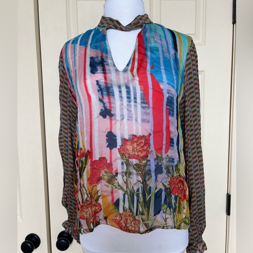 Multicolor Floral Stripe V-Neck Women's Top